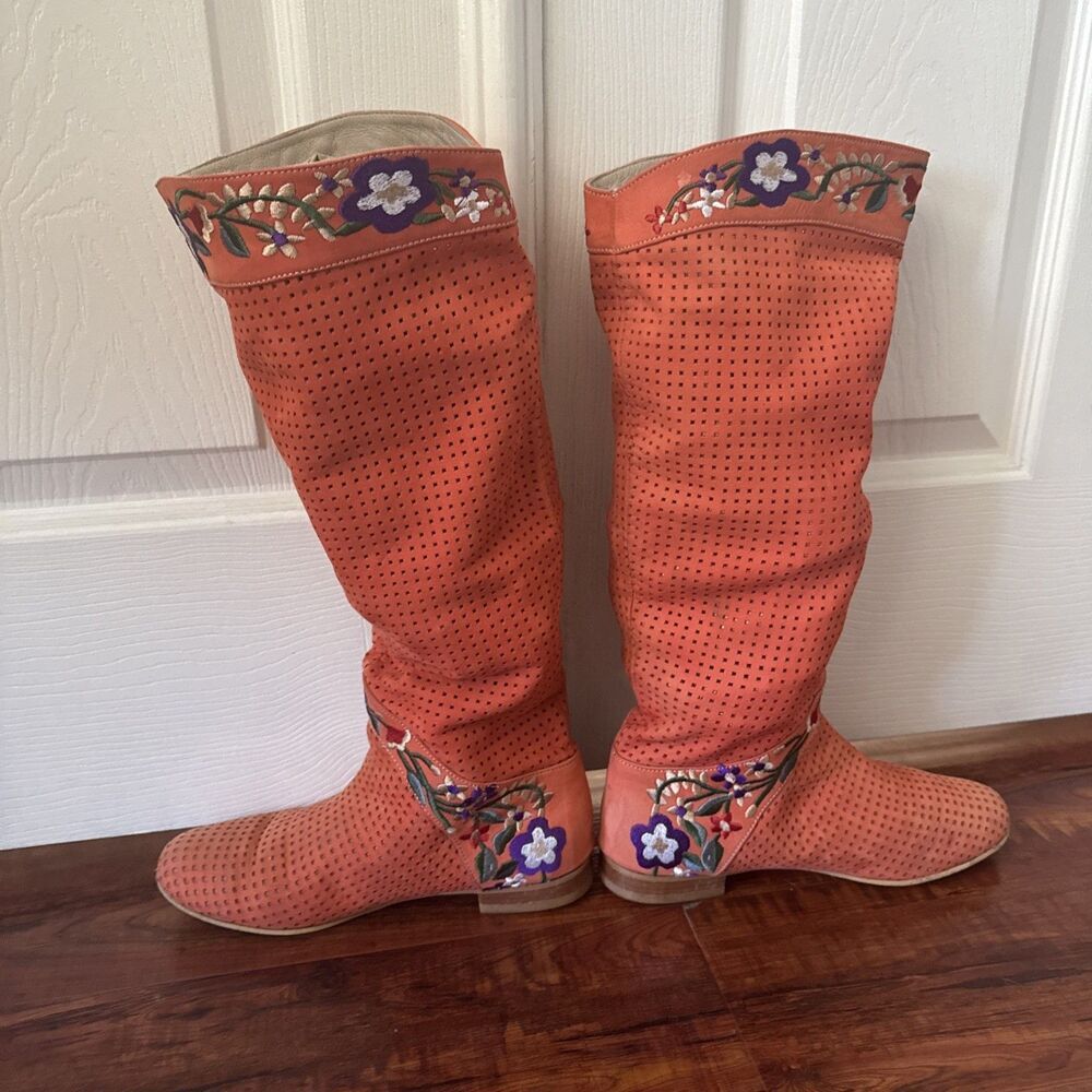 Orange Embroidered Floral Western Boots Floral Leather US 7.5/8 EU 38